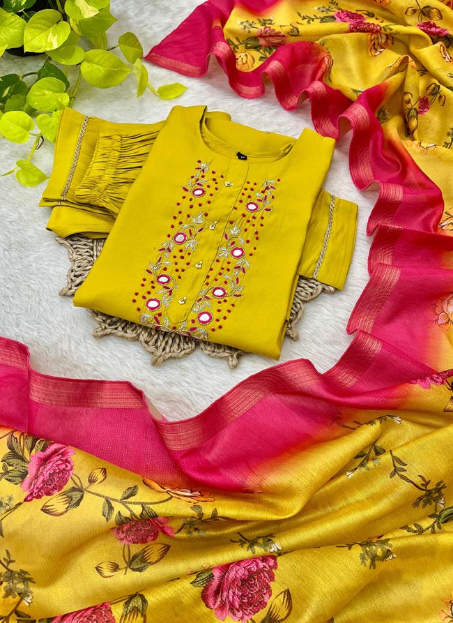 Roman Silk Yellow Festival Wear Hand Work Readymade Kurti Set